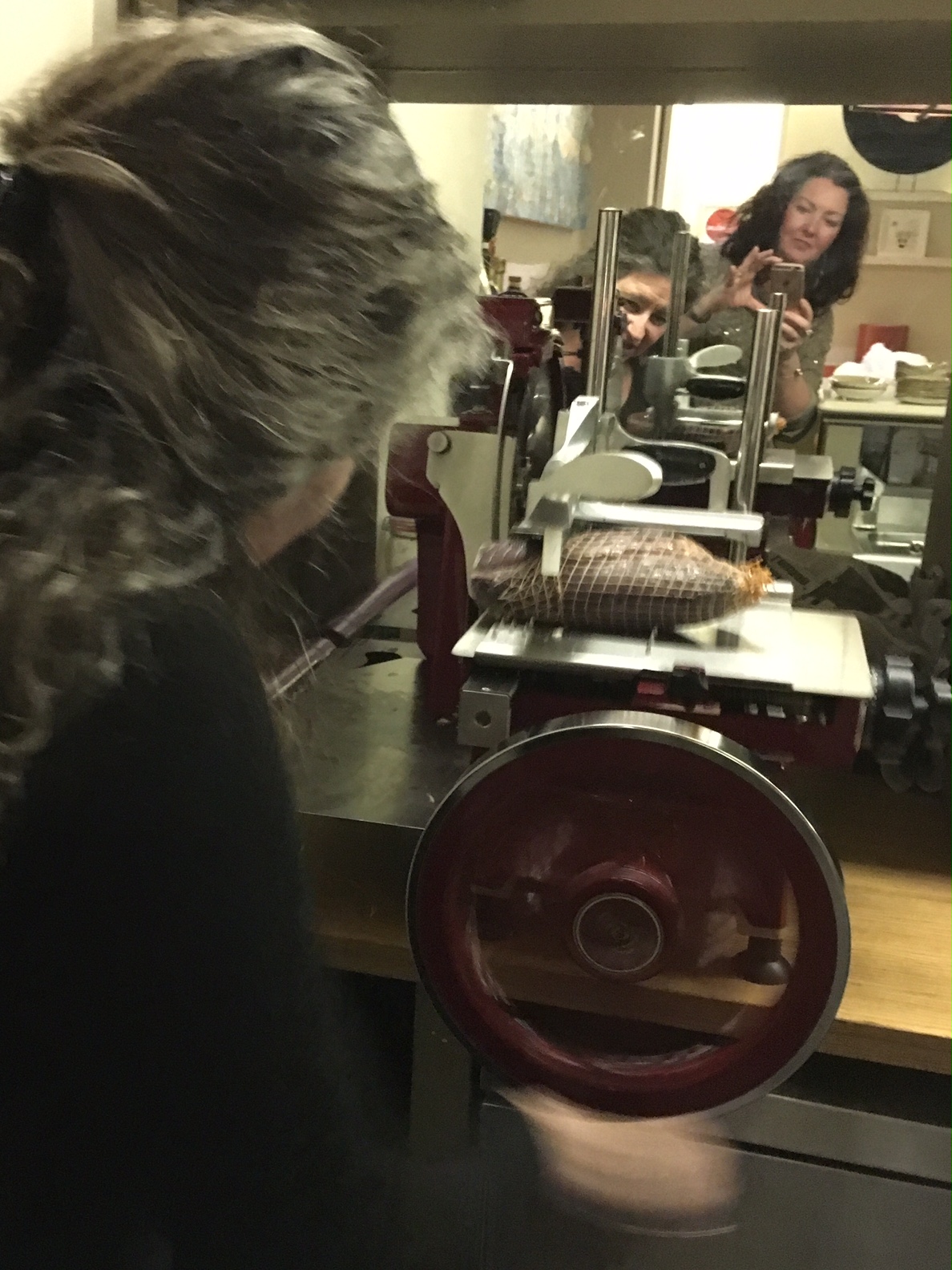 Sari on the slicer and Claire in the mirror, Great Fosters