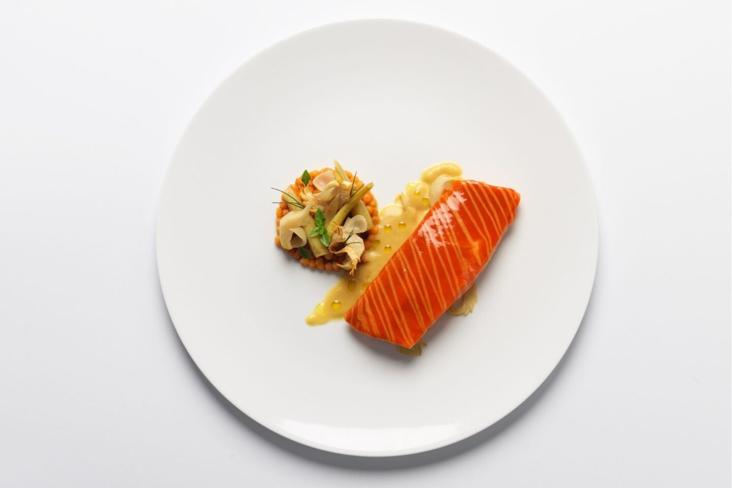 Beautifully plated Michelin salmon fine dining dish plated to perfection.