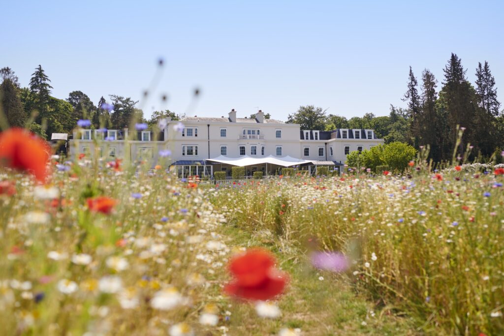 Coworth Park in Ascot and nature fields in front it