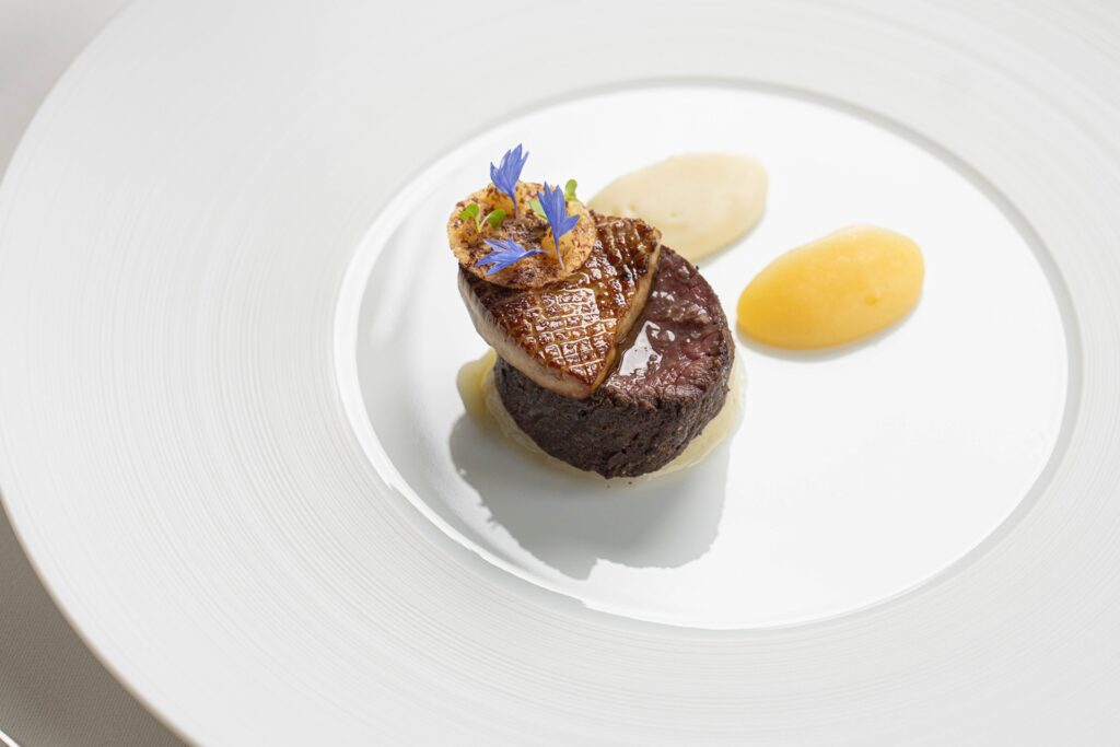 fine dining dish on linen table cloth at Pale Hall