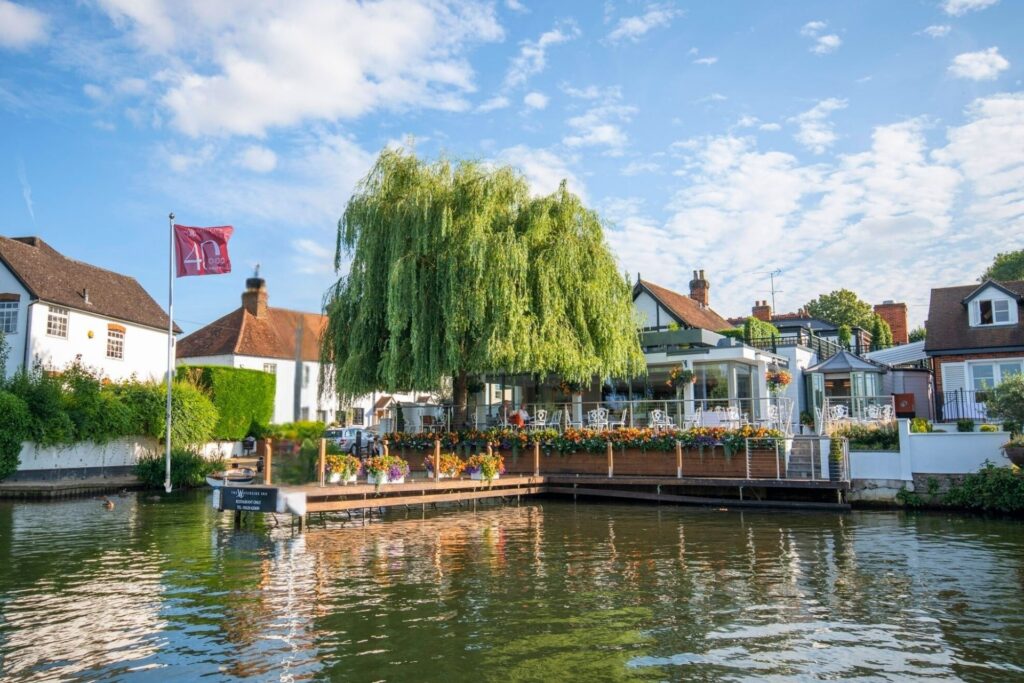 The Waterside Inn restaurant viewed from the River Thames in Bray, Berkshire