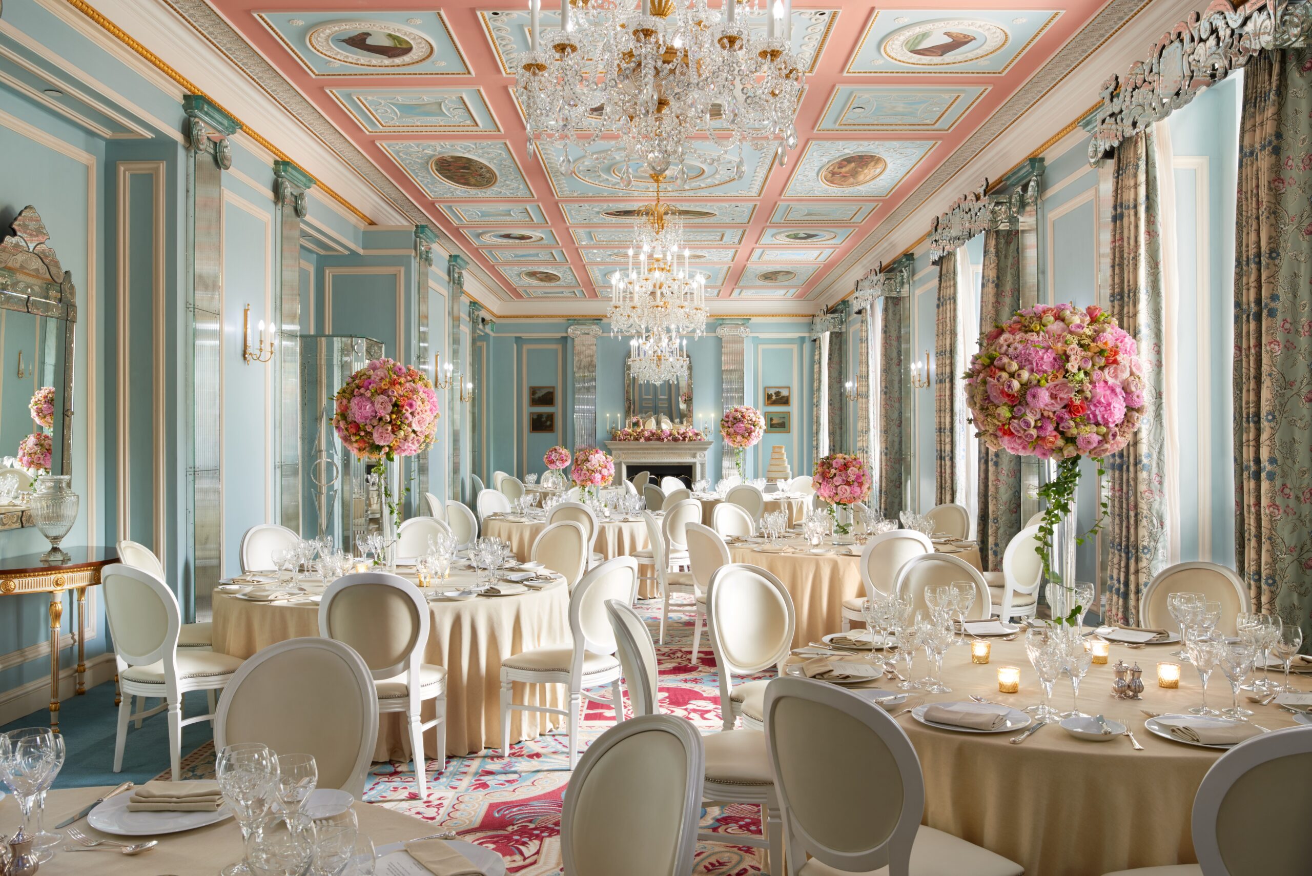Interiors of The Lanesborough with the Belgravia Ballroom set up for a wedding
